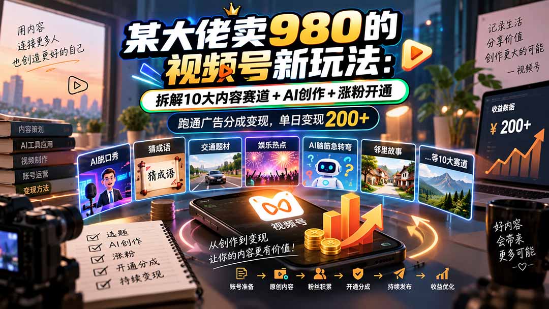 42a12667f7568d7033b531663d191445.jpeg 某大佬卖980的视频号新玩法:拆解10大内容赛道+AI创作+涨粉开通,跑通广告分成变现,单日变现200+
