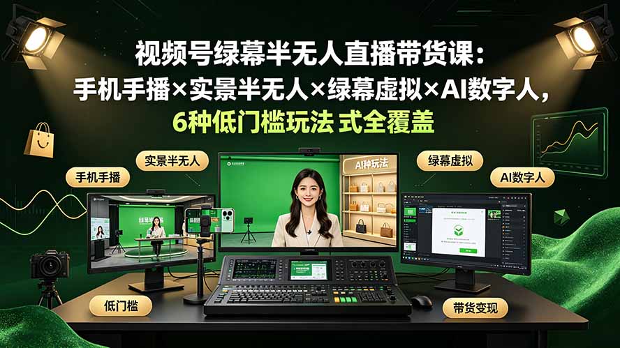 432d579537f46ee42139f669b3183ca6.jpeg 视频号绿幕半无人直播带货课:手机手播×实景半无人×绿幕虚拟×AI数字人,6种低门槛玩法全覆盖