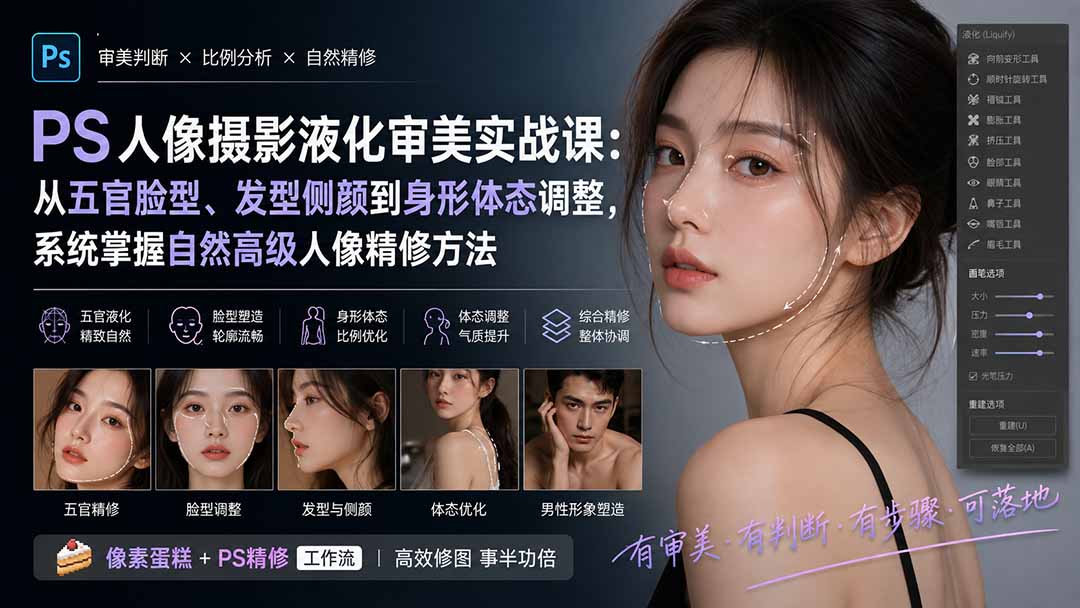 PS人像摄影液化审美实战课：从五官脸型、发型侧颜到身形体态调整，系统掌握自然高级人像精修方法-鼎铸网