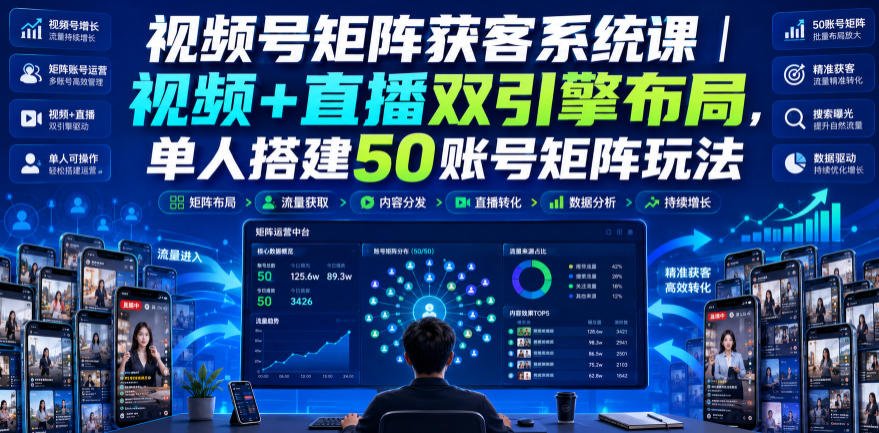 视频号矩阵获客系统课|视频+直播双引擎布局,单人搭建50账号矩阵玩法,流量入池、搜索占位、全域引流沉淀私域全流程教学-鼎铸网