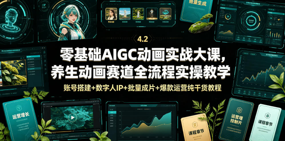 零基础AIGC动画实战大课，养生动画赛道全流程实操教学，账号搭建+数字人IP+批量成片+爆款运营纯干货教程-鼎铸网