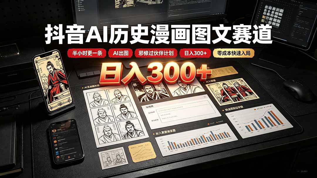452d7464c8e6c9867ef660429e82bcf8.jpeg 抖音AI历史漫画图文赛道:半小时更一条×AI出图×邪修过伙伴计划×日入300+,零成本快速入局