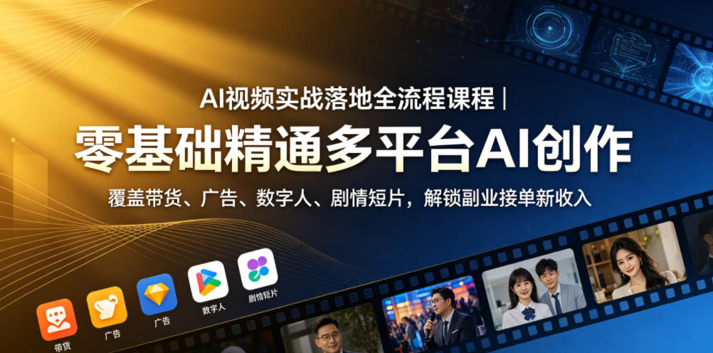 AI视频实战落地全流程课程|零基础精通多平台AI创作,覆盖带货、广告、数字人、剧情短片,解锁副业接单新收入-鼎铸网