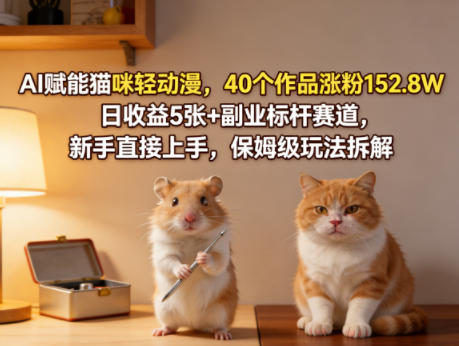 AI赋能猫咪轻动漫，40个作品涨粉152.8W，日收益5张+副业标杆赛道，新手直接上手，保姆级玩法拆解-鼎铸网