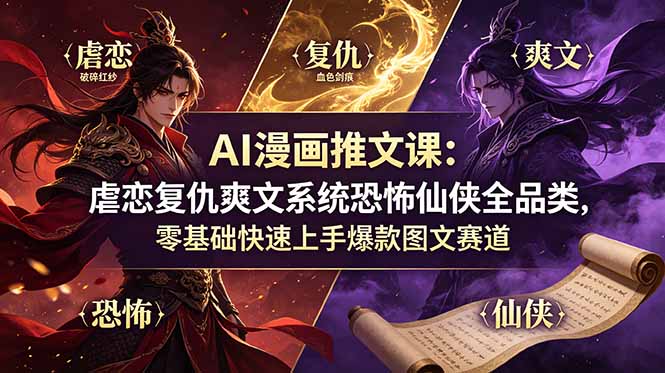 AI漫画推文课：虐恋复仇爽文系统恐怖仙侠全品类，零基础快速上手爆款图文赛道-鼎铸网