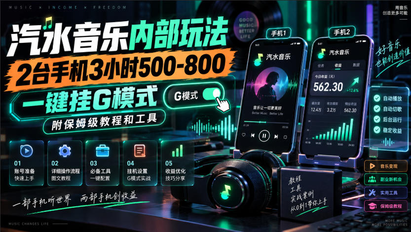 汽水音乐内部玩法，2台手机3小时500-800，一键挂G模式，附保姆级教程和工具【揭秘】-鼎铸网