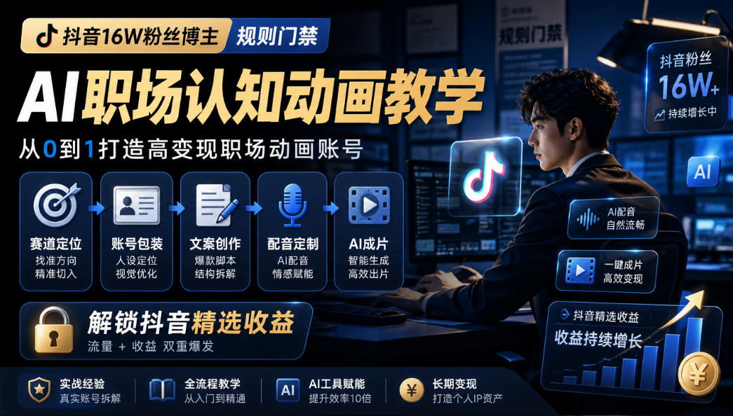 抖音16W粉丝博主规则门禁的AI职场认知动画教学,从赛道定位、账号包装,到文案创作、配音定制、AI成片,解锁抖音精选收益-鼎铸网