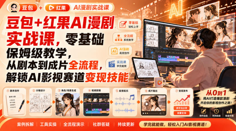 豆包+红果AI漫剧实战课，零基础保姆级教学，从剧本到成片全流程，解锁AI影视赛道变现技能-鼎铸网