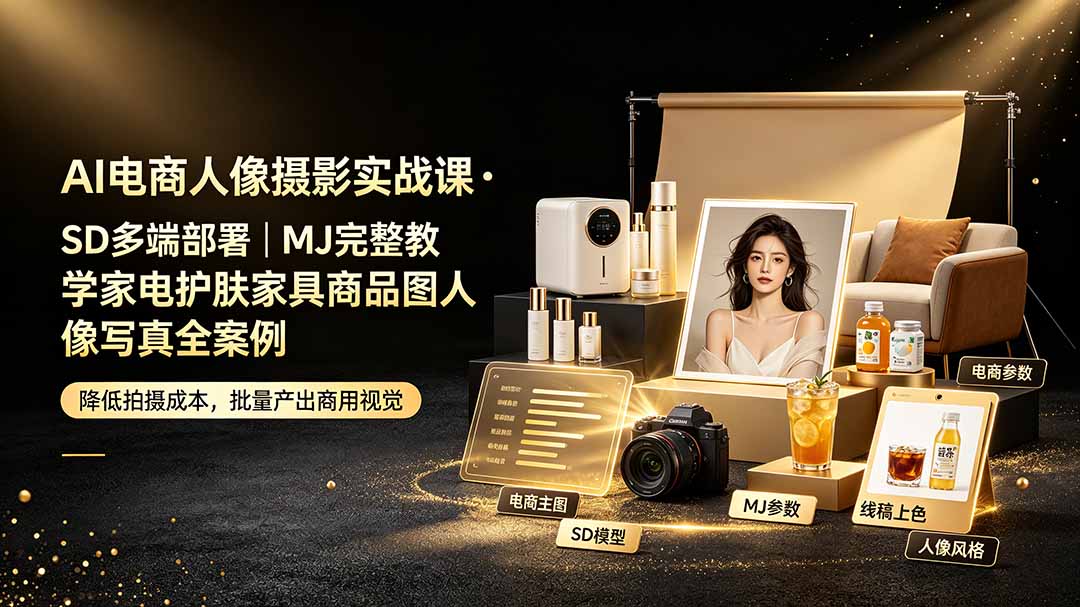 AI电商人像摄影实战课·SD多端部署｜MJ完整教学｜家电护肤家具商品图人像写真全案例-鼎铸网