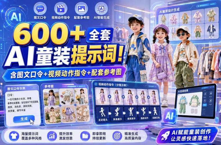4993fa12b2a745168540e9beb4ca070d.jpeg 600+全套AI童装提示词!含图文口令+视频动作指令+配套参考图,Word-Excel规整分类,童装电商、种草无脑量产内容!