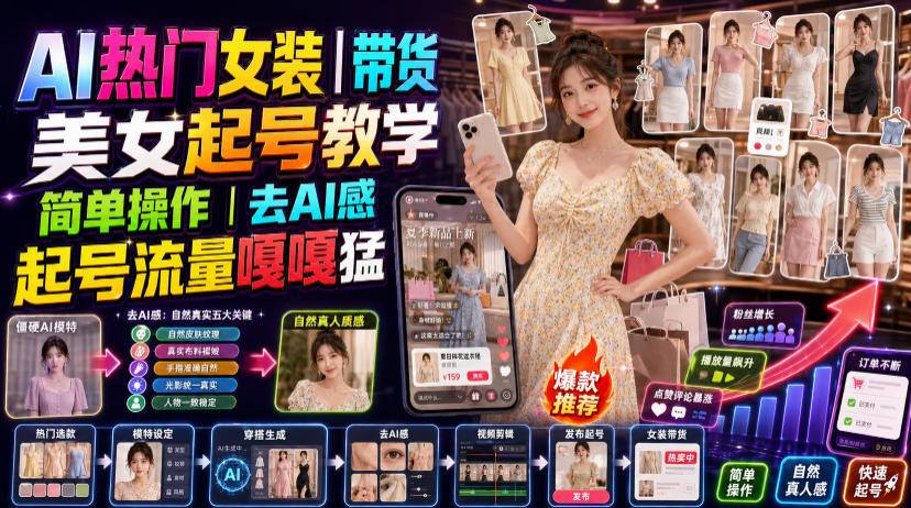 49d48ddc426471b6048c13d239968222.jpeg AI热门女装带货丨美女起号教学,简单操作,去AI感,起号流量嘎嘎猛