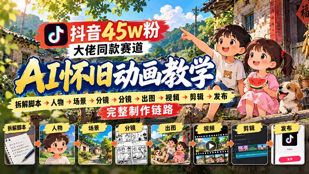 抖音45W粉大佬同款赛道AI怀旧动画教学:拆解脚本→人物→场景→分镜→出图→视频→剪辑→发布完整制作链路-鼎铸网