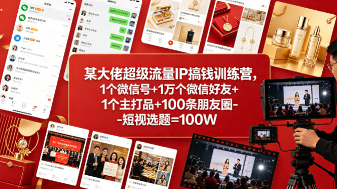 4b8baf65ffe95f988b3b5df888605a71.jpeg 某大佬超级流量IP搞钱训练营,1个微信号+1万个微信好友+1个主打品+100条朋友圈-短视选题=100W