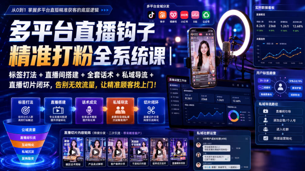 多平台直播钩子精准打粉全系统课|标签打法+直播间搭建+全套话术+私域导流+直播切片闭环,告别无效流量,让精准顾客找上门!-鼎铸网