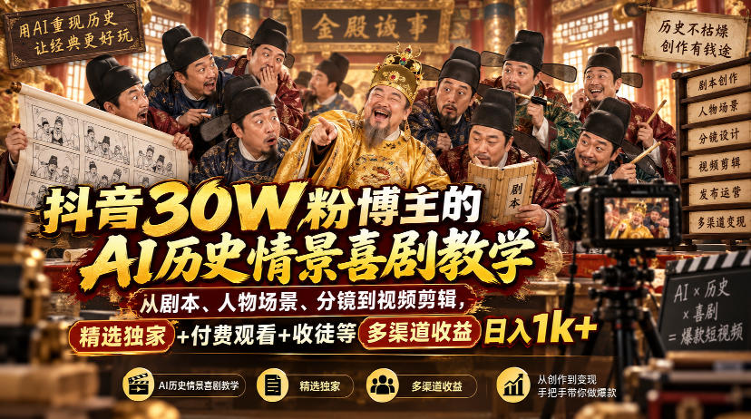 4bdd5a748cb744cd80749b524685d360.jpeg 抖音30W粉博主的AI历史情景喜剧教学,从剧本、人物场景、分镜到视频剪辑,精选独家+付费观看+收徒等多渠道收益日入1k+