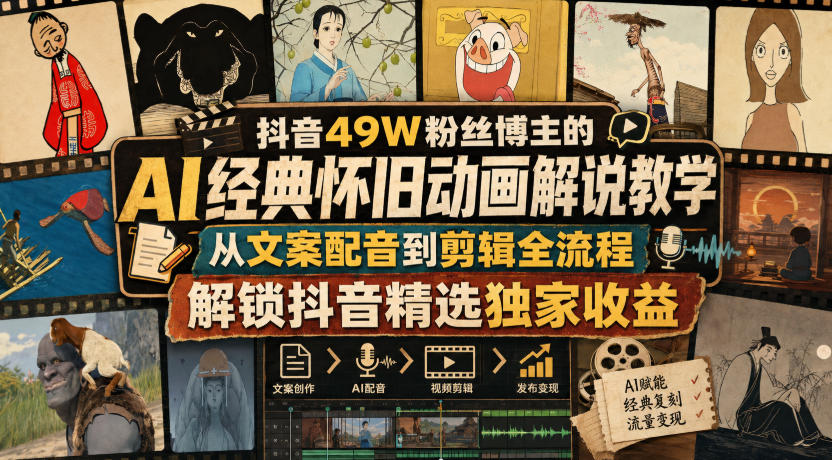 4c1cd59e72acb0a3d9cbf313bd70f158.jpeg 抖音49W粉丝博主的AI经典怀旧动画解说教学,从文案配音到剪辑全流程,解锁抖音精选独家收益