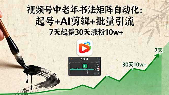 4c290943b8b45a299c07b0cf6b5130b8.jpeg 视频号中老年书法矩阵自动化:起号+AI剪辑+批量引流 7天起量30天涨粉10w+