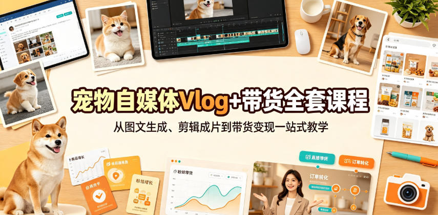 宠物自媒体Vlog+带货全套课程｜从图文生成、剪辑成片到带货变现一站式教学-鼎铸网