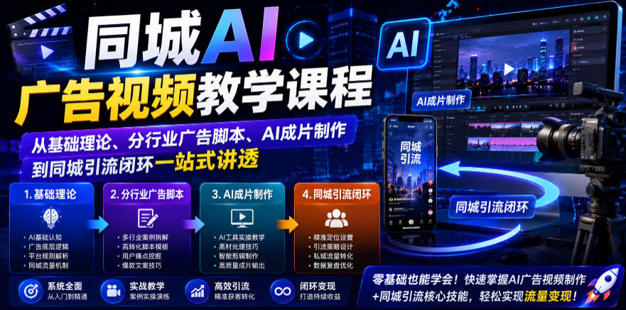 4c9c4d283a5dbf52476e7c6357f7fdd2.jpeg 同城AI广告视频教学课程,从基础理论、分行业广告脚本、AI成片制作到同城引流闭环一站式讲透
