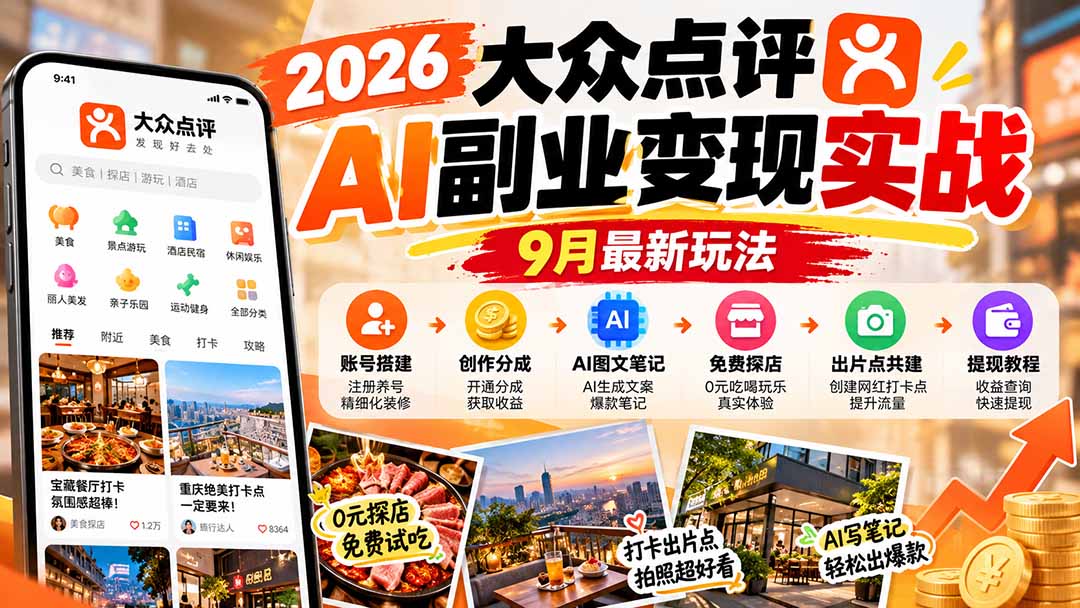 2026大众点评AI副业变现实战9月最新玩法：账号搭建+创作分成+AI图文笔记+免费探店+出片点共建与提现教程-鼎铸网