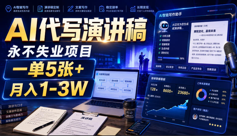 AI代写演讲稿,永不失业项目,一单5张+,月入1-3W【揭秘】-鼎铸网