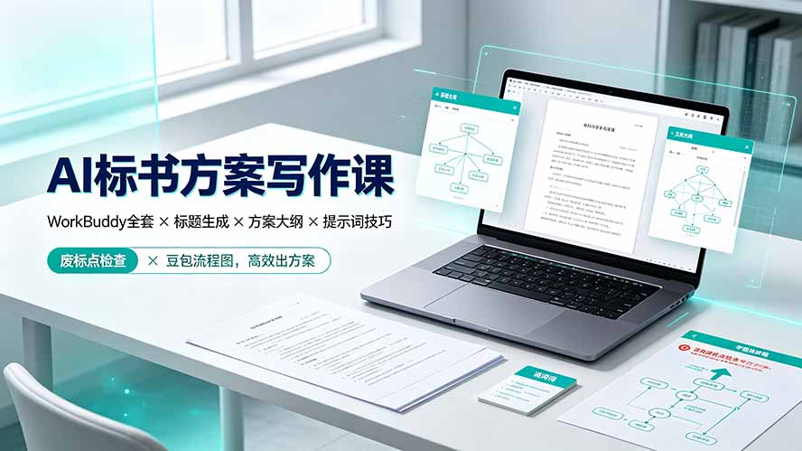 4cc9a41917b51e56af91031053e62d00.jpeg AI标书方案写作课:WorkBuddy全套×标题生成×方案大纲×提示词技巧×废标点检查×豆包流程图,高效出方案