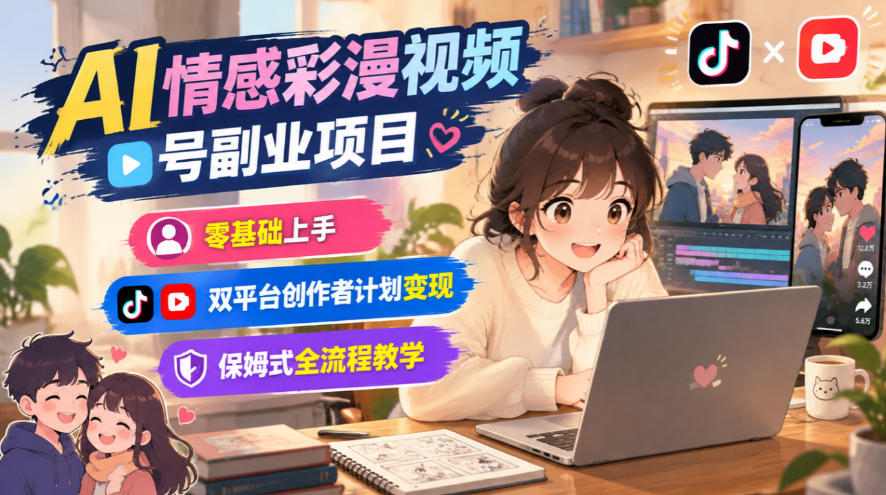 AI情感彩漫视频号副业项目，零基础上手，双平台创作者计划变现，保姆式全流程教学-鼎铸网