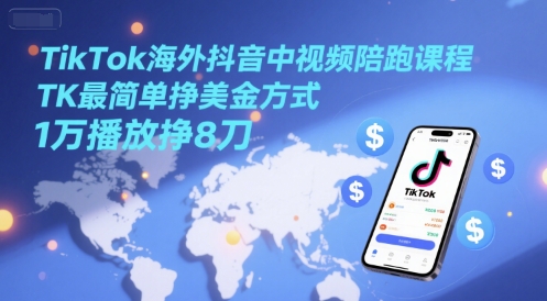 TikTok海外抖音中视频陪跑课程,TK最简单挣美金方式,1万播放挣8刀-鼎铸网