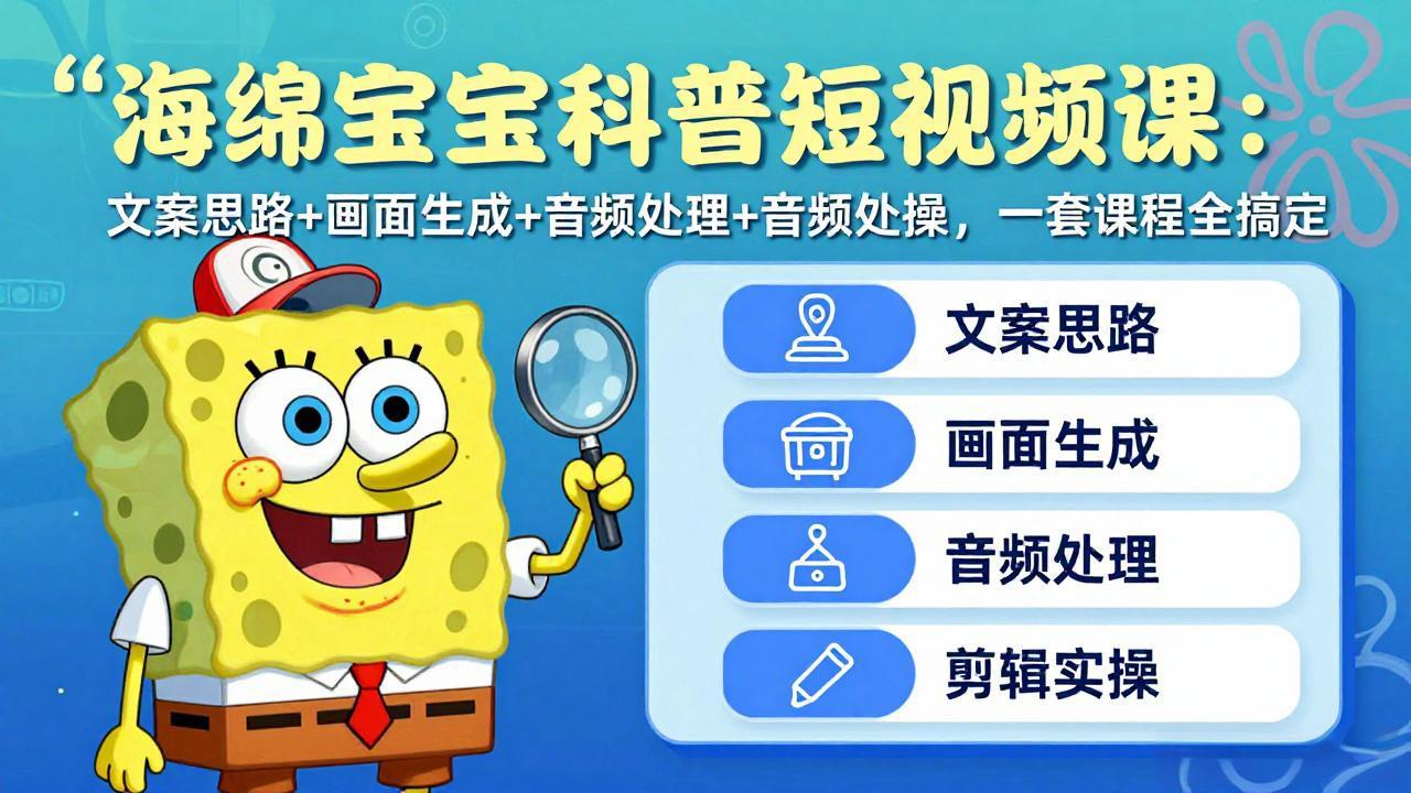 海绵宝宝科普短视频课:文案思路+画面生成+音频处理+剪辑实操,一套课程全搞定-鼎铸网