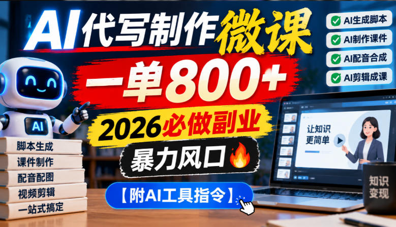 AI代写制作微课，一单800+，2026必做副业，暴力风口【附AI工具指令】【揭秘】-鼎铸网