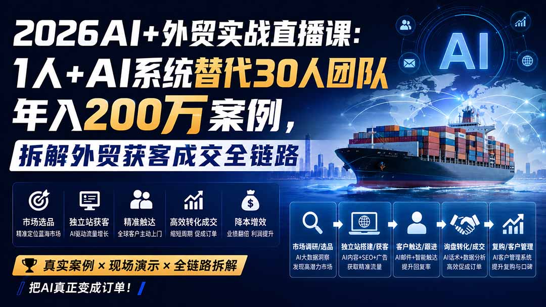 4e291a85019a7a4db26bc8a7e59e954a.jpeg 2026AI+外贸实战直播课:1人+AI系统替代30人团队年入200万案例,拆解外贸获客成交全链路