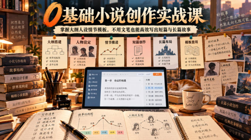 4e2ffd1aef83c9fe25716aac24eed94e.jpeg 0基础小说创作实战课|掌握大纲人设情节模板,不用文笔也能高效写出短篇与长篇故事