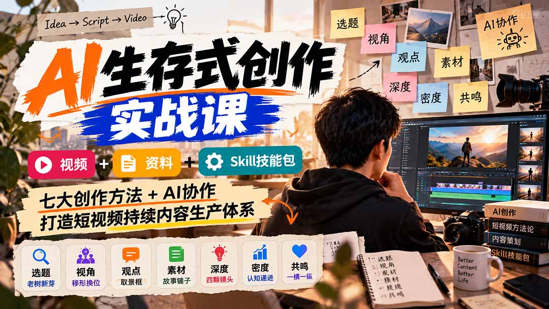 AI生存式创作实战课：视频+资料+Skill技能包，七大创作方法+AI协作，打造短视频持续内容生产体系-鼎铸网