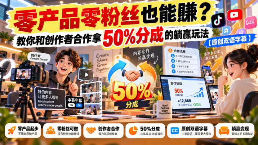 【无水印】零产品零粉丝也能賺？教你和创作者合作拿50%分成的躺赢玩法【原创双语字幕】-鼎铸网