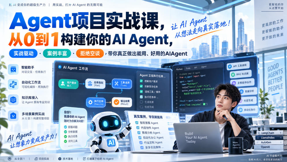 501dc1e0611cb09d25e9ee1e11730841.jpeg Agent项目实战课,从0到1构建你的AI Agent,实战驱动·案例丰富·拒绝空谈,带你真正做出能用、好用的AIAgent