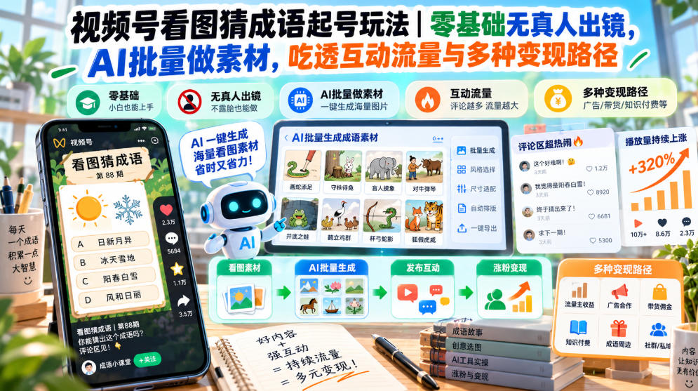 视频号看图猜成语起号玩法｜零基础无真人出镜，AI批量做素材，吃透互动流量与多种变现路径-鼎铸网