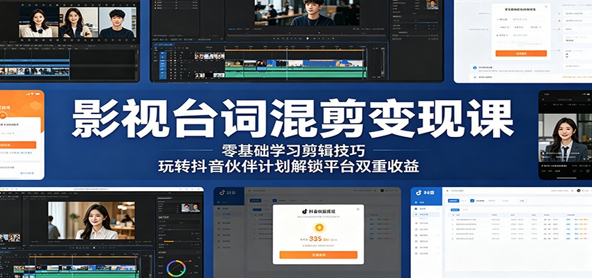 影视台词混剪变现课:零基础学习剪辑技巧,玩转抖音伙伴计划解锁平台双重收益-鼎铸网