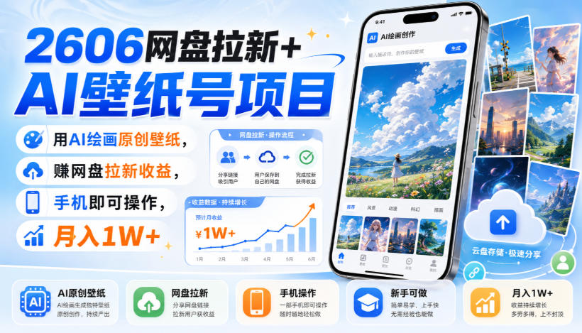 2606网盘拉新+AI壁纸号项目，用AI绘画原创壁纸，賺网盘拉新收益，手机即可操作，月入1W+-鼎铸网