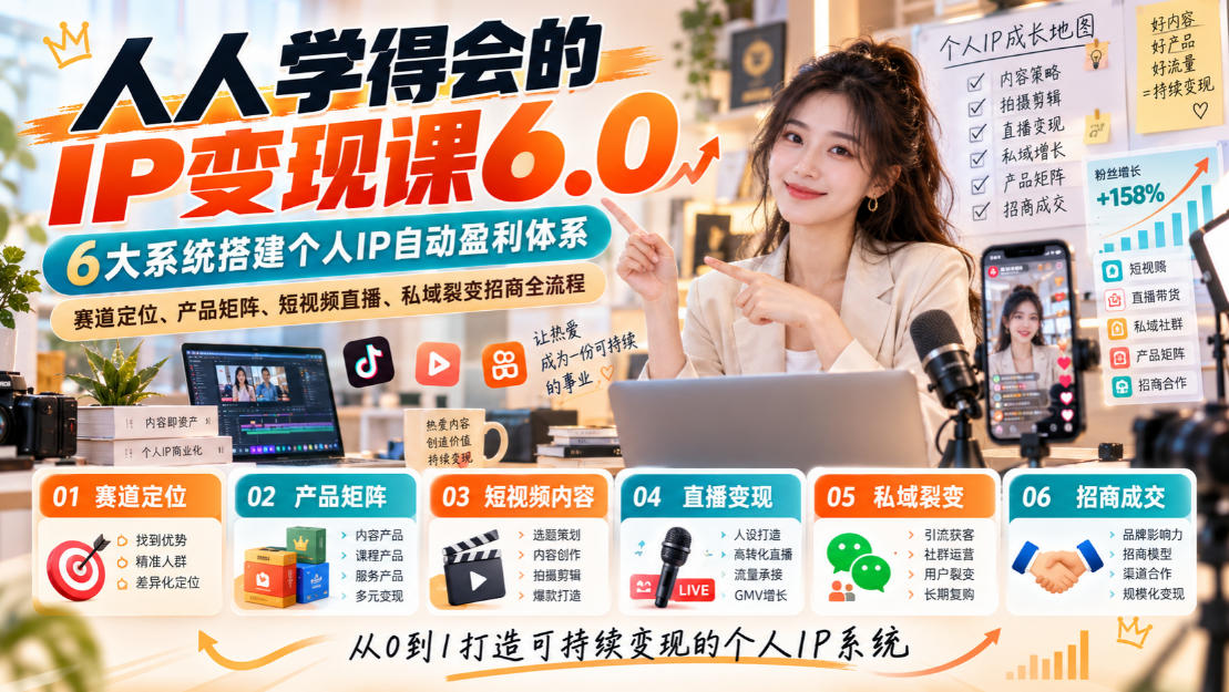 人人学得会的IP变现课6.0,6大系统搭建个人IP自动盈利体系,赛道定位、产品矩阵、短视频直播、私域裂变招商全流程-鼎铸网
