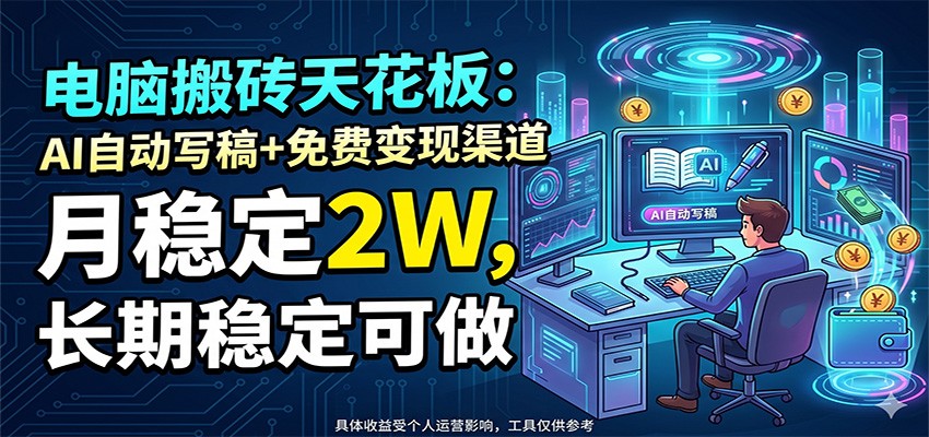 电脑搬砖天花板:AI自动写稿+免费变现渠道,月稳定2W,长期稳定可做-鼎铸网