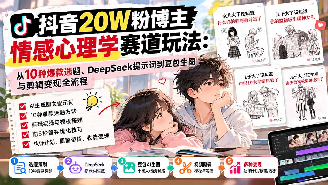 抖音20W粉博主-情感心理学赛道玩法：从10种爆款选题、DeepSeek提示词到豆包生图与剪辑变现全流程-鼎铸网