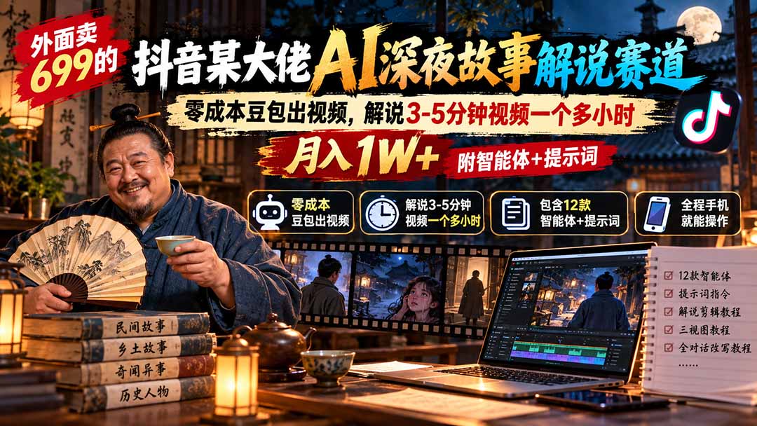 外面卖699抖音某大佬AI深夜故事解说赛道-更新：0成本豆包出视频+解说3-5分钟视频一个多小时，月入1W+附智能体+提示词-鼎铸网