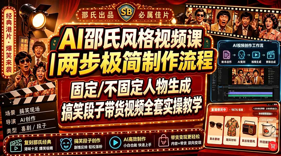 AI邵氏风格视频课|两步极简制作流程,固定/不固定人物生成,搞笑段子带货视频全套实操教学-鼎铸网