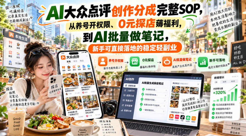 【无水印】AI大众点评创作分成完整SOP，从养号开权限、0元探店薅福利，到AI批量做笔记，新手可直接落地的稳定轻副业-鼎铸网