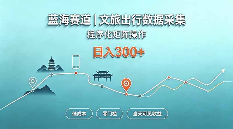 蓝海赛道  文旅出行数据采集  程序化矩阵操作    低成本  零门槛   当天可见收益   日入300+-鼎铸网