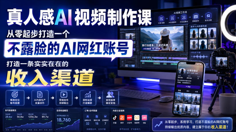 真人感AI视频制作课,从零起步打造一个不露脸的AI网红账号,打造一条实实在在的收入渠道【原创双语字幕】-鼎铸网