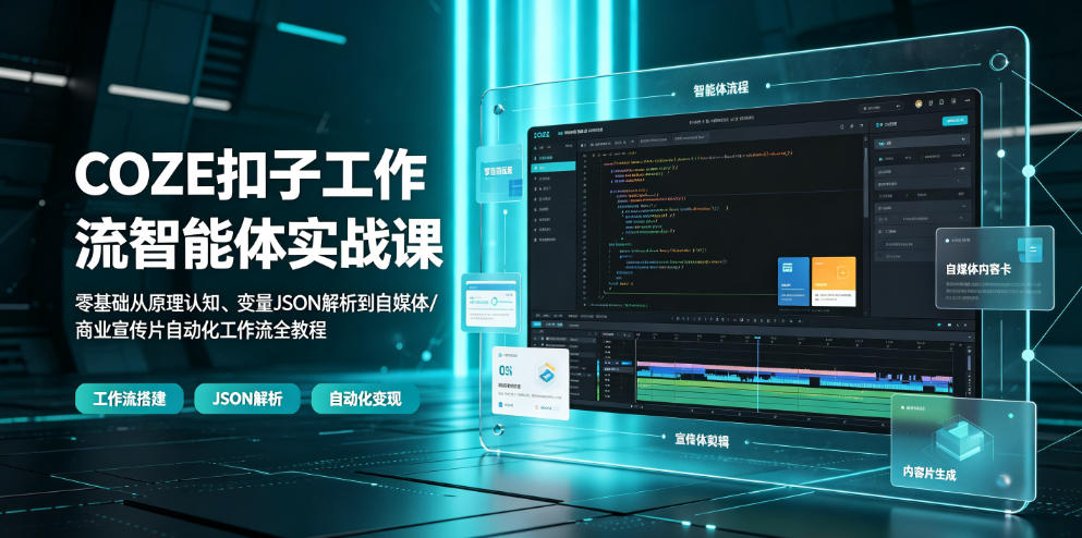54244be2f22f8981cb46a67d20bc7fc4.jpeg COZE扣子工作流智能体实战课|零基础从原理认知、变量JSON解析到自媒体/商业宣传片自动化工作流全教程