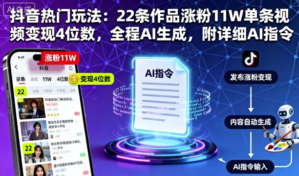 抖音热门玩法：22条作品涨粉11W单条视频变现4位数，全程AI生成，附详细AI指令-鼎铸网
