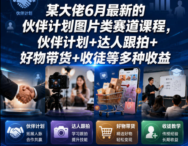 某大佬6月最新的伙伴计划图片类赛道课程，伙伴计划+达人跟拍+好物带货+收徒等多种收益-鼎铸网