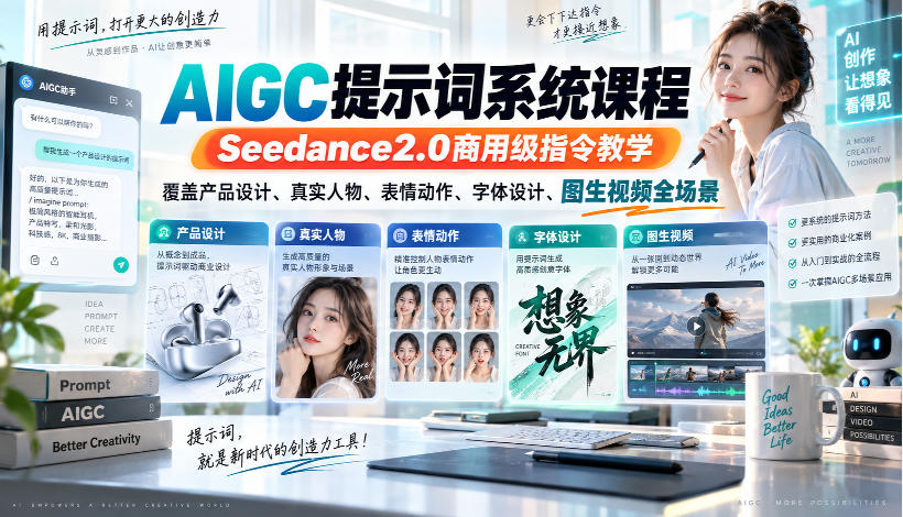 AIGC提示词系统课程，Seedance2.0商用级指令教学，覆盖产品设计、真实人物、表情动作、字体设计、图生视频全场景-鼎铸网